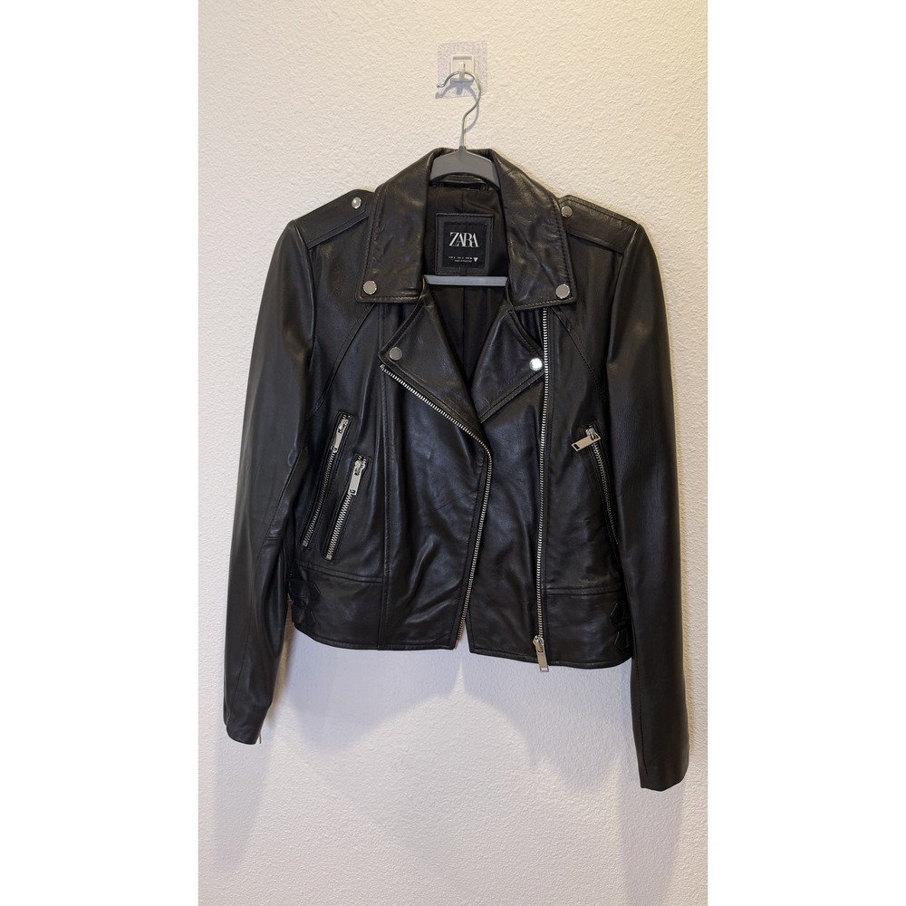 Zara Leather Jacket Womens Small Black Moto Biker Asymmetric Zip Hem Buckles